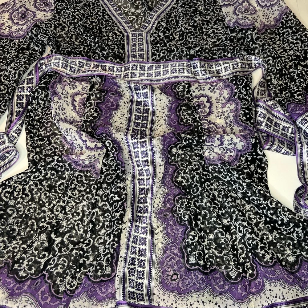 INC International Concepts  VNeck Long Sleeve Black Purple Sheer Silk Dress * 10 - Picture 14 of 15